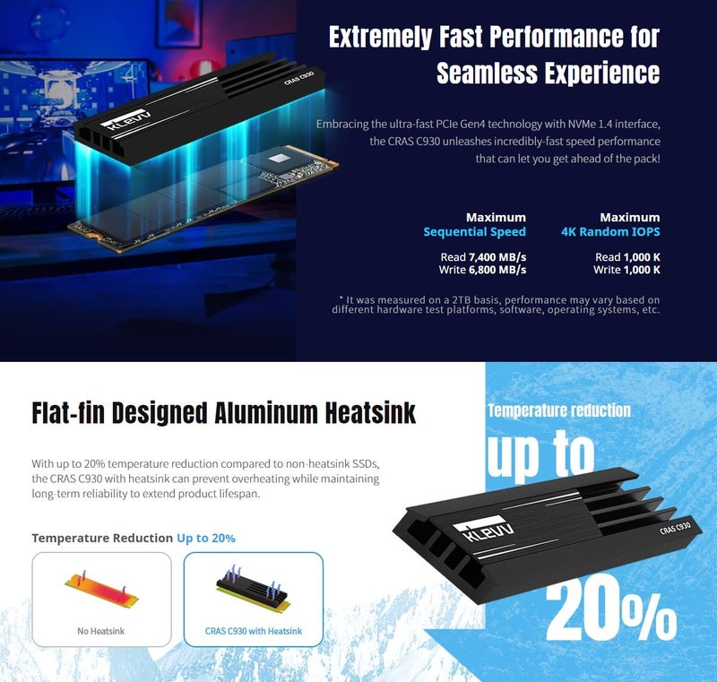KLEVV CRAS C930 2TB M.2 2280 NVMe PCIe Gen4x4 Internal Gaming SSD Aluminium Heatsink Included, Compatible with PS5, up to 7400MB/s with DRAM Cash (K02TBM2SP0-C93) - Image 4