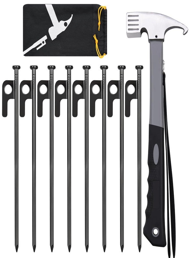 DkOvn مجموعة أوتاد ومطرقة خيمة، 8 قطع: أوتاد خيمة فولاذية مطروقة شديدة التحمل بطول 8 بوصات + مطرقة تخييم شديدة التحمل بطول 12 بوصة + حقيبة تخزين، متوفرة في روكي بليس - Image 1