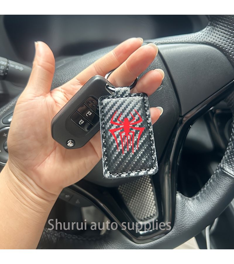 2 Pcs Faux Leather Spider Carbon Fiber Keychains For Car Keys Hanging - Image 1