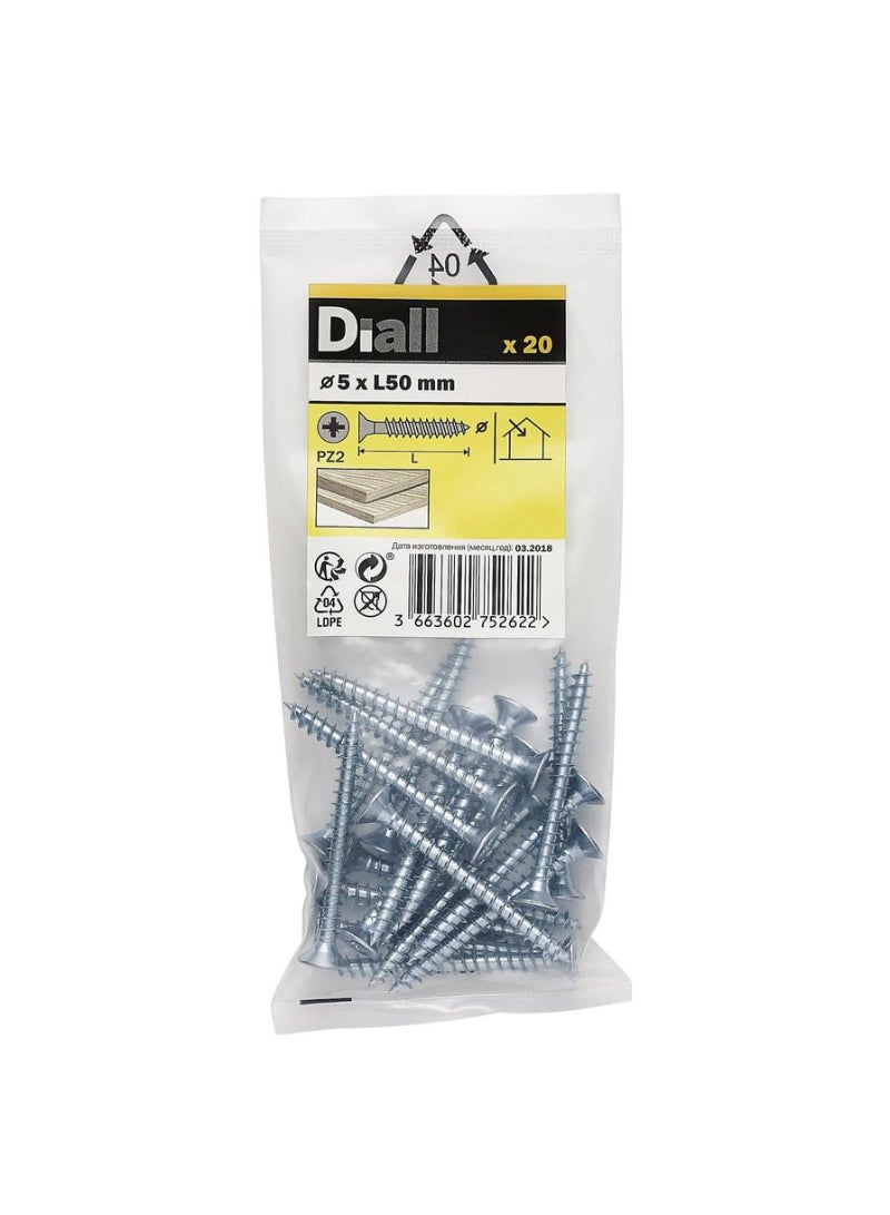 Zinc Plated Carbon Steel Wood Screw Pack 5 X 50 Mm 20 Piece