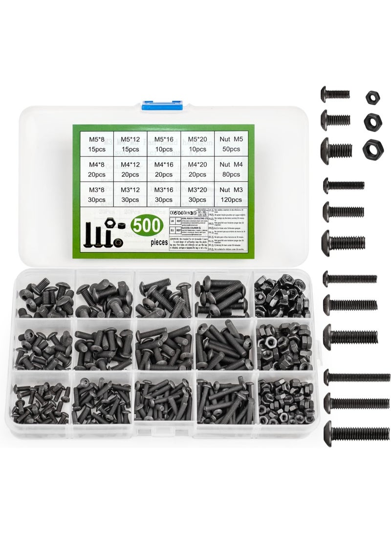 500 Pcs Nuts and Bolts Assorted Set, Black Hex Socket Head Cap Screws Kit, M3/M4/M5 Thread Fastener Machine Hex Bolts Assortment With Box - Image 1