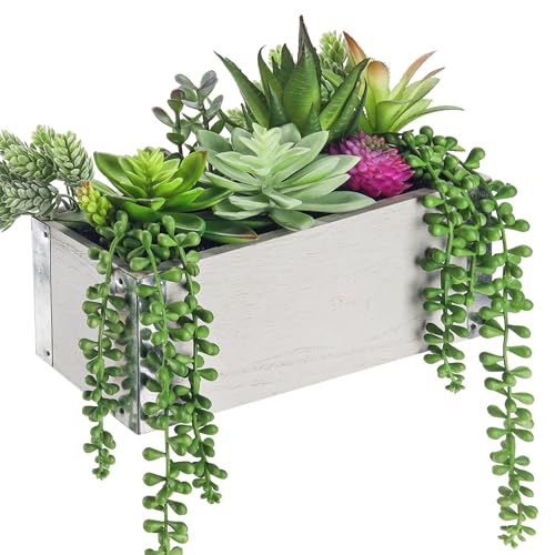 Der Rose 11 Inch Fake Plants Succulents Plants Artificial Cactus Plants in Wood Pots for Farmhouse Bathroom Decor - Image 1