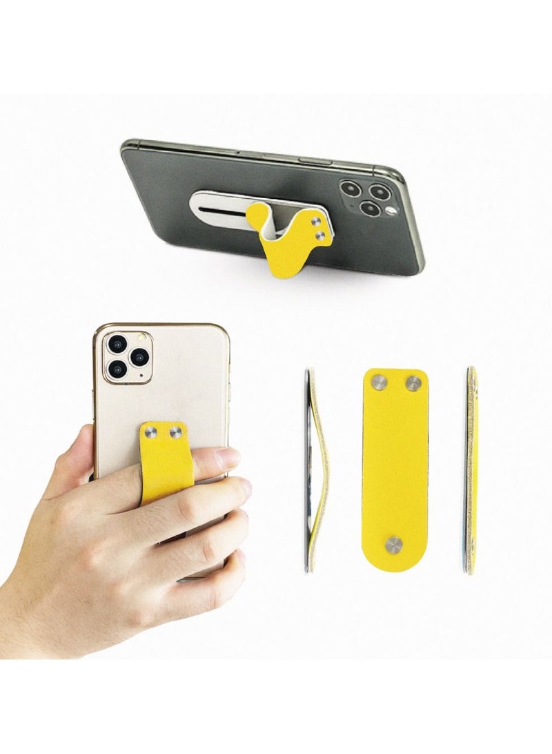 Magnetic Phone Grip And Stand Holder for Apple and Samsung Devices Yellow Leather - Image 1