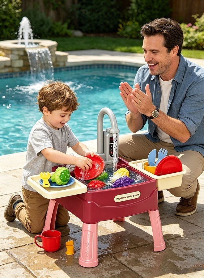 Kids Kitchen Playset, Kitchen Sink Toys, Kids Toys Water Playset with Running Water and Electric Faucet, Pretend Play Kitchen Dishwasher Toy for Water Play, Children's Kitchen Sink Toy Set with Kitchen Accessories, Role Play Toy for Toddlers Boys Girls Red - Image 3