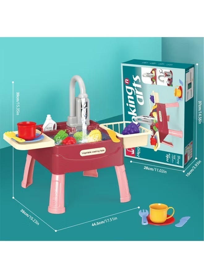 Kids Kitchen Playset, Kitchen Sink Toys, Kids Toys Water Playset with Running Water and Electric Faucet, Pretend Play Kitchen Dishwasher Toy for Water Play, Children's Kitchen Sink Toy Set with Kitchen Accessories, Role Play Toy for Toddlers Boys Girls Red - Image 2