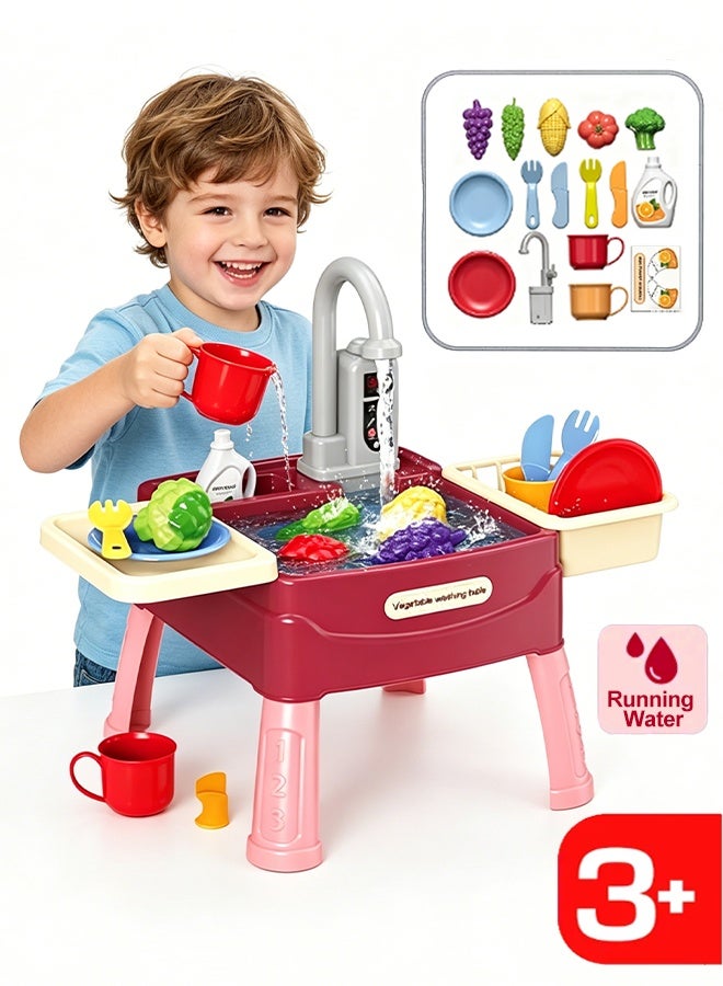 Kids Kitchen Playset, Kitchen Sink Toys, Kids Toys Water Playset with Running Water and Electric Faucet, Pretend Play Kitchen Dishwasher Toy for Water Play, Children's Kitchen Sink Toy Set with Kitchen Accessories, Role Play Toy for Toddlers Boys Girls Red - Image 1