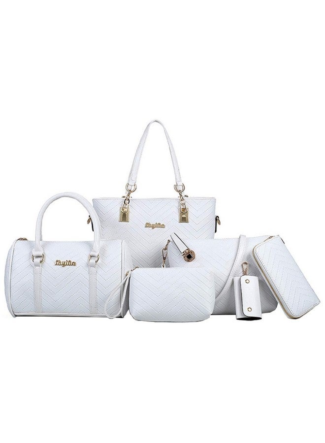 Women Handbags 6 Pcs Set PU Top Handle Purse Splicing Shoulder Crossbody Bag Tote Satchels Clutch Card Holder White