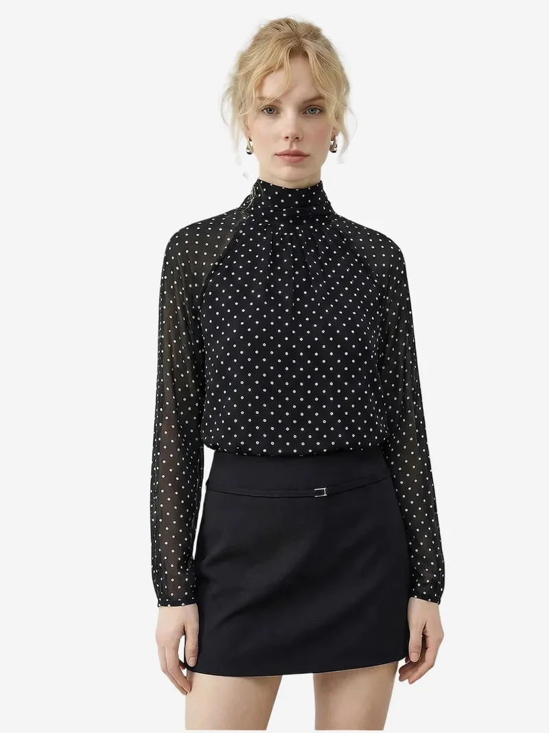 بيانكو لوتشي LUCCI Polka Dot Turtleneck Chiffon Blouse