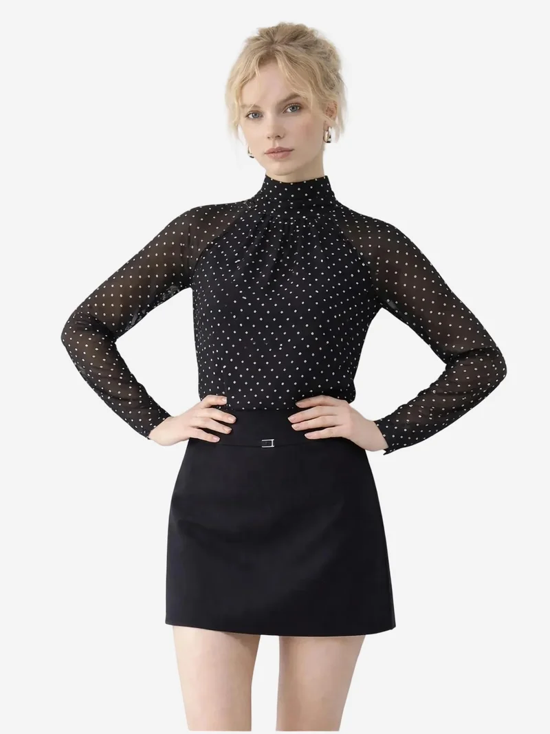 بيانكو لوتشي LUCCI Polka Dot Turtleneck Chiffon Blouse