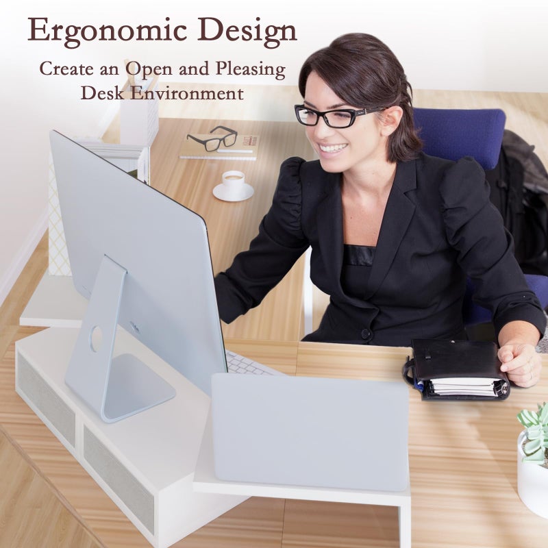 TEAMIX Dual Monitor Stand Riser - Length and Angle Adjustable White Monitor Stand with 2 Drawers to Storage Large Computer Riser for 2 Monitors/Laptop/PC, Wood Screen/TV Stand Desk Organizer (White) - Image 3