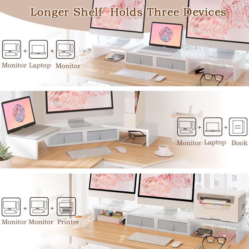 TEAMIX Dual Monitor Stand Riser - Length and Angle Adjustable White Monitor Stand with 2 Drawers to Storage Large Computer Riser for 2 Monitors/Laptop/PC, Wood Screen/TV Stand Desk Organizer (White) - Image 2