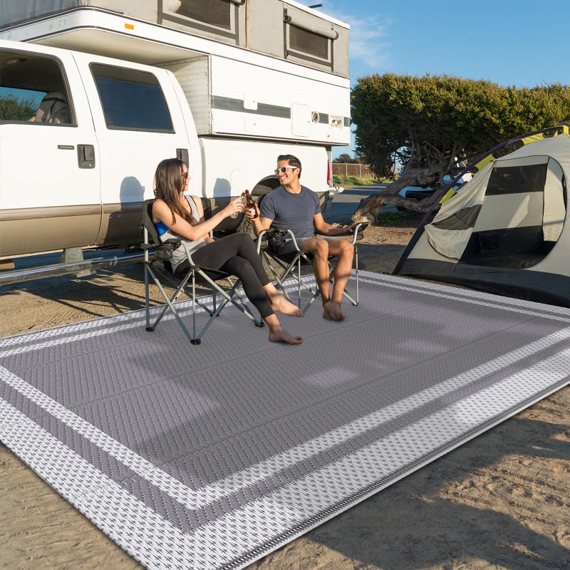 HappyTrends Outdoor Rug Reversible Portable Plastic Straw Camping Rugs for Outside RV,Large Waterproof Outdoor Area Rugs for Patio,Deck,Porch,Balcony(8'x 10',White&Gray) - Image 3