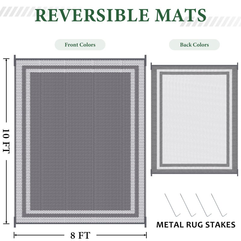HappyTrends Outdoor Rug Reversible Portable Plastic Straw Camping Rugs for Outside RV,Large Waterproof Outdoor Area Rugs for Patio,Deck,Porch,Balcony(8'x 10',White&Gray) - Image 2