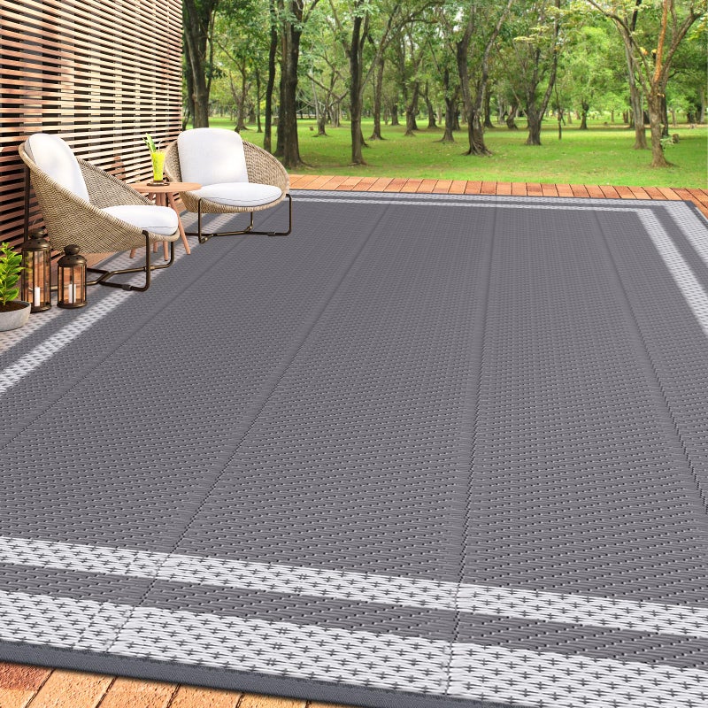 HappyTrends Outdoor Rug Reversible Portable Plastic Straw Camping Rugs for Outside RV,Large Waterproof Outdoor Area Rugs for Patio,Deck,Porch,Balcony(8'x 10',White&Gray) - Image 1