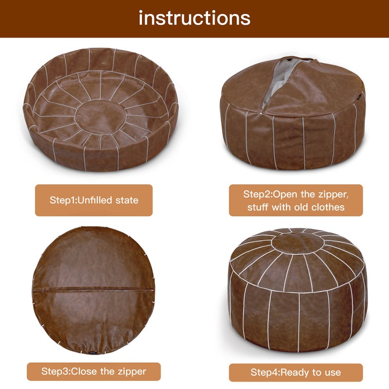 Bohepuffex Moroccan Pouf - Handmade Footstool Footrest-Round & Large Faux Leather Cover -A Classic and Practical Storage Ottoman -an Exotic Décor for Your Living Space Unstuffed - Image 4