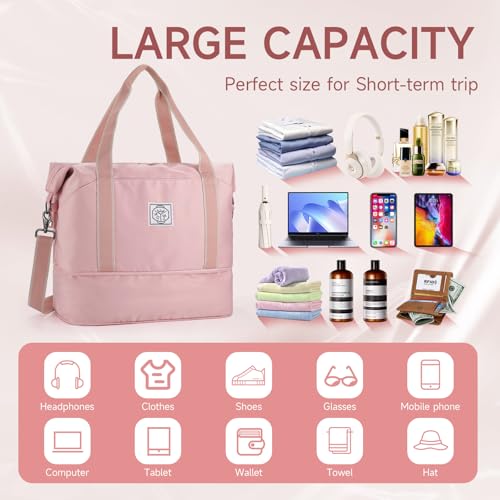 WALNEW حقيبة سفر WALNEW، حقيبة دفل لعطلة نهاية الأسبوع، حقيبة حمل للنساء والرجال، حقيبة رياضية قابلة للطي ومقاومة للماء مع حزام كتف قابل للفك وجيب مبلل (وردي) - Image 3
