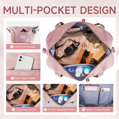 WALNEW حقيبة سفر WALNEW، حقيبة دفل لعطلة نهاية الأسبوع، حقيبة حمل للنساء والرجال، حقيبة رياضية قابلة للطي ومقاومة للماء مع حزام كتف قابل للفك وجيب مبلل (وردي) - Image 5