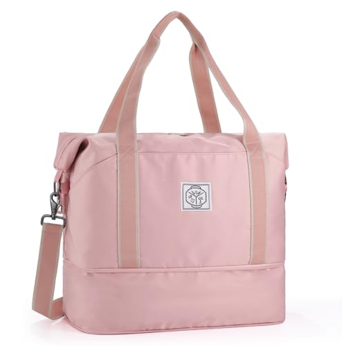 WALNEW حقيبة سفر WALNEW، حقيبة دفل لعطلة نهاية الأسبوع، حقيبة حمل للنساء والرجال، حقيبة رياضية قابلة للطي ومقاومة للماء مع حزام كتف قابل للفك وجيب مبلل (وردي) - Image 1