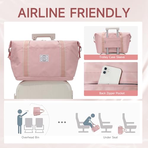 WALNEW حقيبة سفر WALNEW، حقيبة دفل لعطلة نهاية الأسبوع، حقيبة حمل للنساء والرجال، حقيبة رياضية قابلة للطي ومقاومة للماء مع حزام كتف قابل للفك وجيب مبلل (وردي) - Image 4