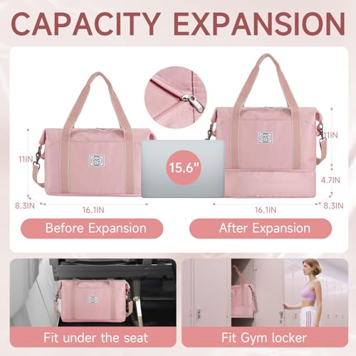WALNEW حقيبة سفر WALNEW، حقيبة دفل لعطلة نهاية الأسبوع، حقيبة حمل للنساء والرجال، حقيبة رياضية قابلة للطي ومقاومة للماء مع حزام كتف قابل للفك وجيب مبلل (وردي) - Image 2