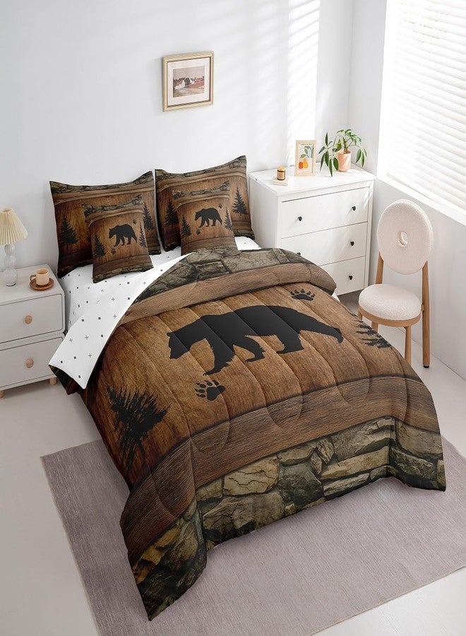 Man Fei Manfei Rustic Bear Comforter Set 7 Pieces, Wild Animals Hunt Bed Set for Boys Adults, Brown Wooden Plank Bedding Queen with 1 Comforter,1 Fitted Sheet,1 Flat Sheet,2 Pillowcases,2 Throw Pillow Cover - Image 2