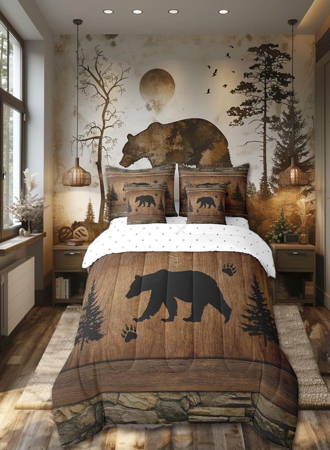Man Fei Manfei Rustic Bear Comforter Set 7 Pieces, Wild Animals Hunt Bed Set for Boys Adults, Brown Wooden Plank Bedding Queen with 1 Comforter,1 Fitted Sheet,1 Flat Sheet,2 Pillowcases,2 Throw Pillow Cover - Image 1