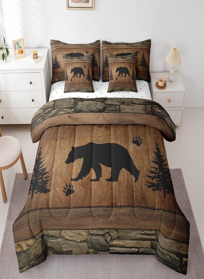 Man Fei Manfei Rustic Bear Comforter Set 7 Pieces, Wild Animals Hunt Bed Set for Boys Adults, Brown Wooden Plank Bedding Queen with 1 Comforter,1 Fitted Sheet,1 Flat Sheet,2 Pillowcases,2 Throw Pillow Cover - Image 3