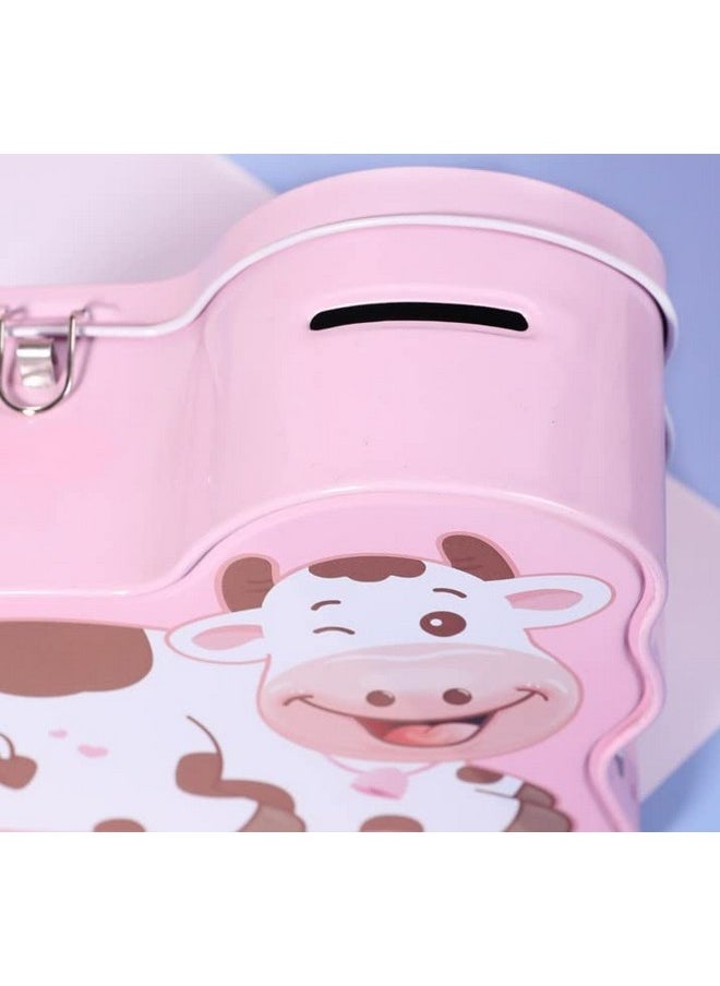 TEMSON - TEMSON Piggy Bank - Metal Coin Box with Lock and Key - Cow Print Piggy Bank, Money Saving Coin Box for Kids, Money Bank for Kids (S-74-2) (Pink) - Image 1