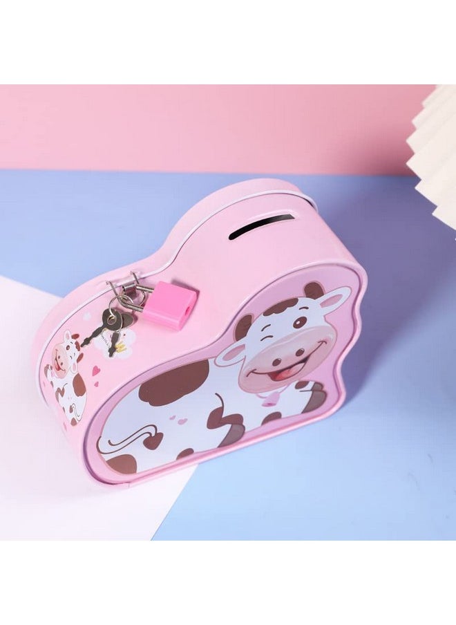 TEMSON - TEMSON Piggy Bank - Metal Coin Box with Lock and Key - Cow Print Piggy Bank, Money Saving Coin Box for Kids, Money Bank for Kids (S-74-2) (Pink) - Image 1
