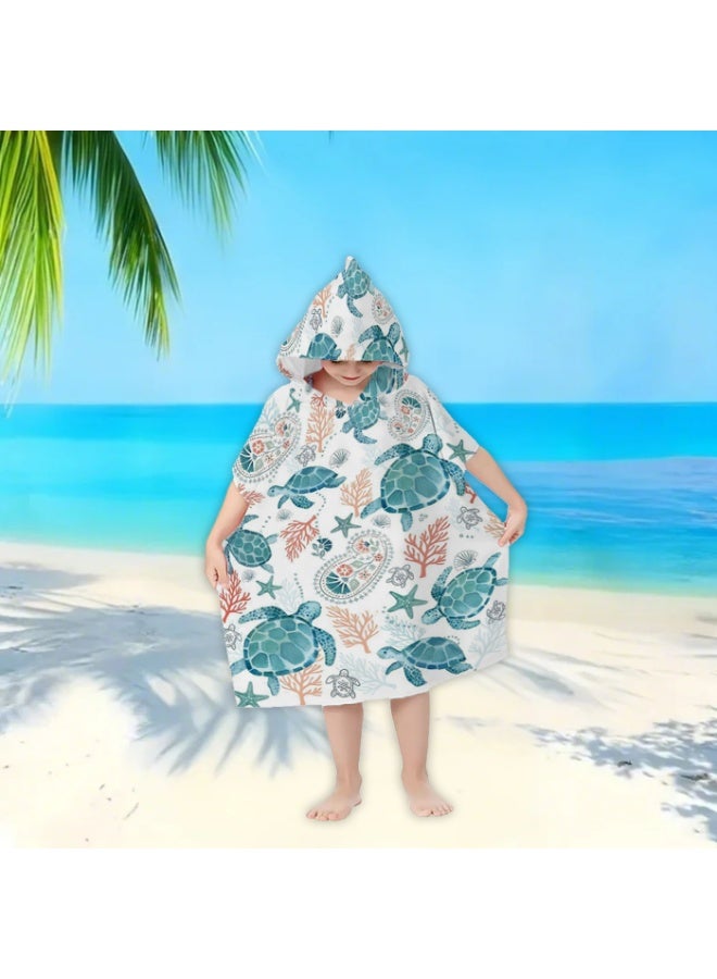 Off White Base Full Printed Watercolor Sea Turtle Coral Starfish Paisley Kids Hooded Quick Dry Poncho Towel, Polyester Soft Water Absorbent Loose Windproof Bath Wrap for Boys Girls, Ideal for Beach, Swimming Pool, Hot Spring & Daily Shower - Image 1