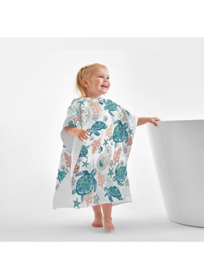 Off White Base Full Printed Watercolor Sea Turtle Coral Starfish Paisley Kids Hooded Quick Dry Poncho Towel, Polyester Soft Water Absorbent Loose Windproof Bath Wrap for Boys Girls, Ideal for Beach, Swimming Pool, Hot Spring & Daily Shower - Image 3