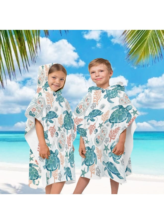 Off White Base Full Printed Watercolor Sea Turtle Coral Starfish Paisley Kids Hooded Quick Dry Poncho Towel, Polyester Soft Water Absorbent Loose Windproof Bath Wrap for Boys Girls, Ideal for Beach, Swimming Pool, Hot Spring & Daily Shower - Image 2