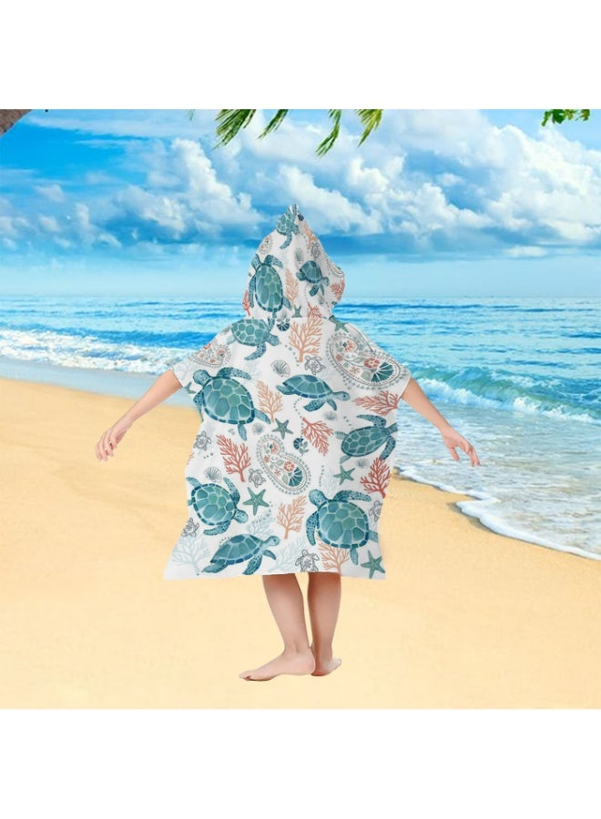 Off White Base Full Printed Watercolor Sea Turtle Coral Starfish Paisley Kids Hooded Quick Dry Poncho Towel, Polyester Soft Water Absorbent Loose Windproof Bath Wrap for Boys Girls, Ideal for Beach, Swimming Pool, Hot Spring & Daily Shower - Image 4
