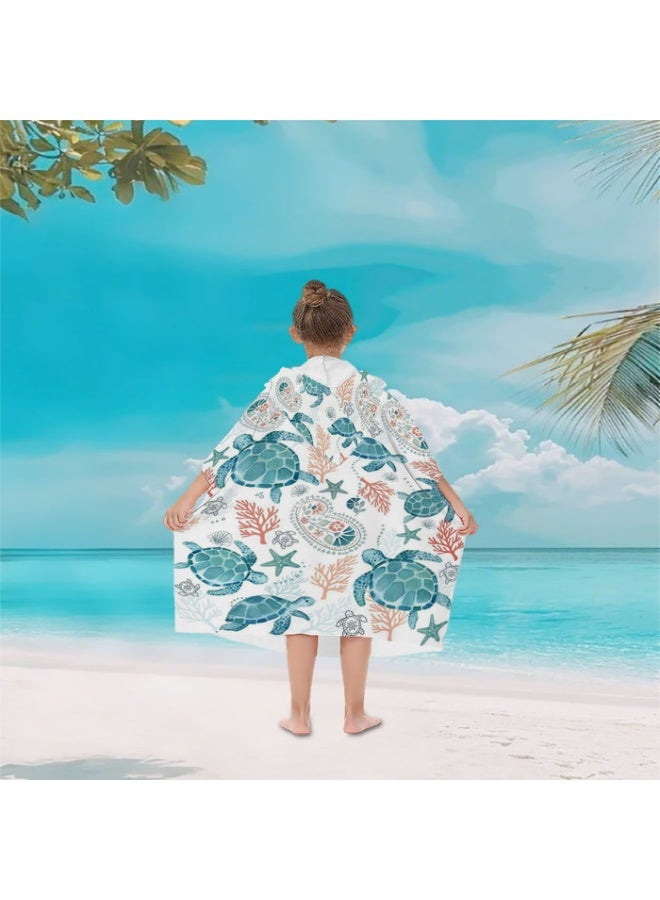 Off White Base Full Printed Watercolor Sea Turtle Coral Starfish Paisley Kids Hooded Quick Dry Poncho Towel, Polyester Soft Water Absorbent Loose Windproof Bath Wrap for Boys Girls, Ideal for Beach, Swimming Pool, Hot Spring & Daily Shower - Image 5