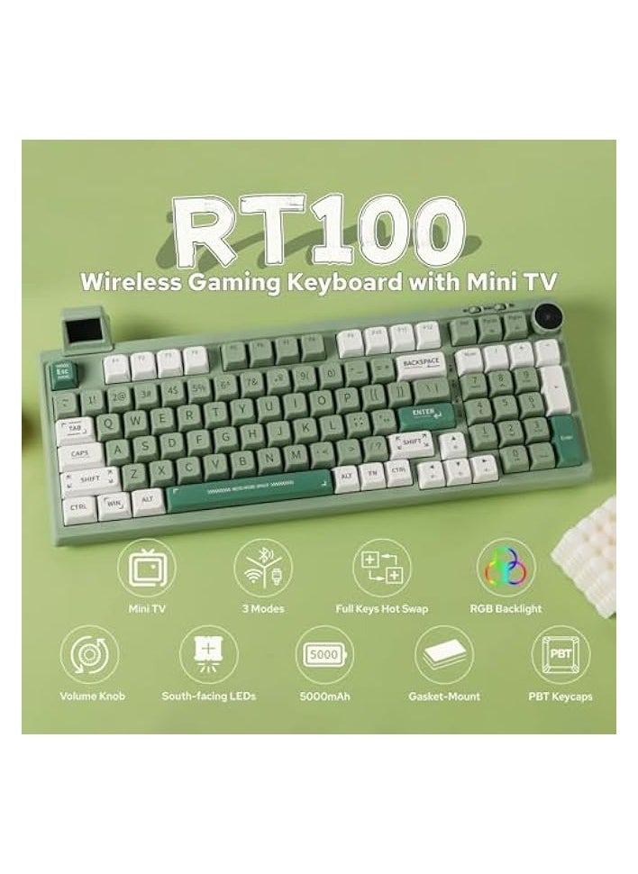 PROMASS - RT100 97 Keys Gasket BT5.0/2.4G/USB-C Mechanical Keyboard with Customizable Display Screen, Knob, Hot Swappable Socket, 5000mAh Battery for Win/Mac(RT100 Green, Flamingo Switch) - Image 1