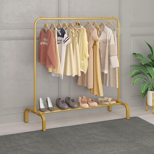 BRIGATTES Metal Single Garment Stand with Bottom Shelves Garment Rack Metal Coat Hanging Rack with Multipurpose Shelf Clothes Shoes Blanket Standing Storage Organizer 4 Hooks Coat Rack (Golden) - Image 4