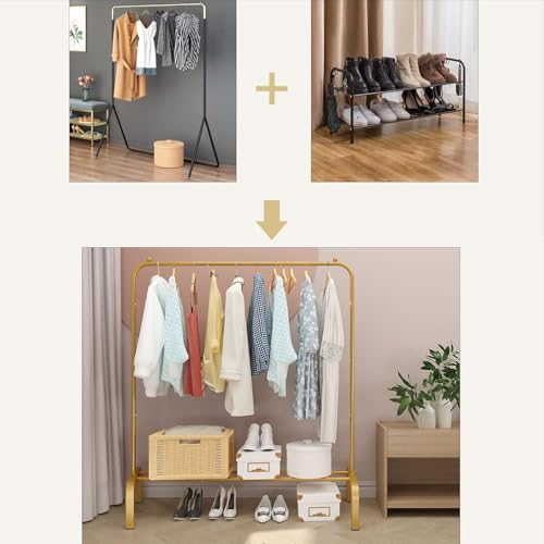 BRIGATTES Metal Single Garment Stand with Bottom Shelves Garment Rack Metal Coat Hanging Rack with Multipurpose Shelf Clothes Shoes Blanket Standing Storage Organizer 4 Hooks Coat Rack (Golden) - Image 5