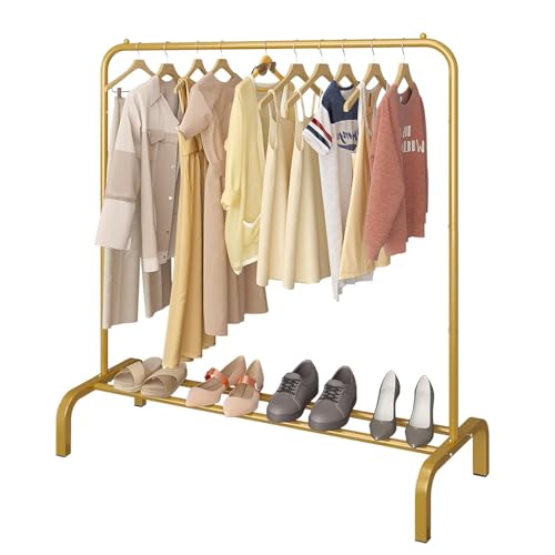 BRIGATTES Metal Single Garment Stand with Bottom Shelves Garment Rack Metal Coat Hanging Rack with Multipurpose Shelf Clothes Shoes Blanket Standing Storage Organizer 4 Hooks Coat Rack (Golden) - Image 2