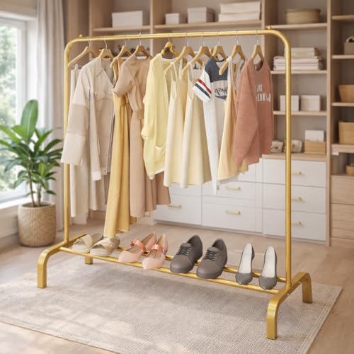BRIGATTES Metal Single Garment Stand with Bottom Shelves Garment Rack Metal Coat Hanging Rack with Multipurpose Shelf Clothes Shoes Blanket Standing Storage Organizer 4 Hooks Coat Rack (Golden) - Image 1