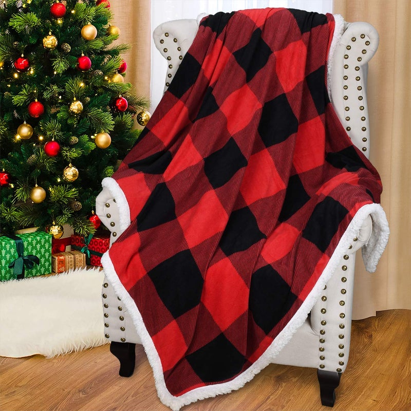 Catalonia Red Black Plaid Sherpa Blanket Buffalo Sherpa Throw Blanket Reversible Super Soft Warm Comfy Fuzzy Snuggle Holiday Throws for Couch Sofa Cabin Decro
