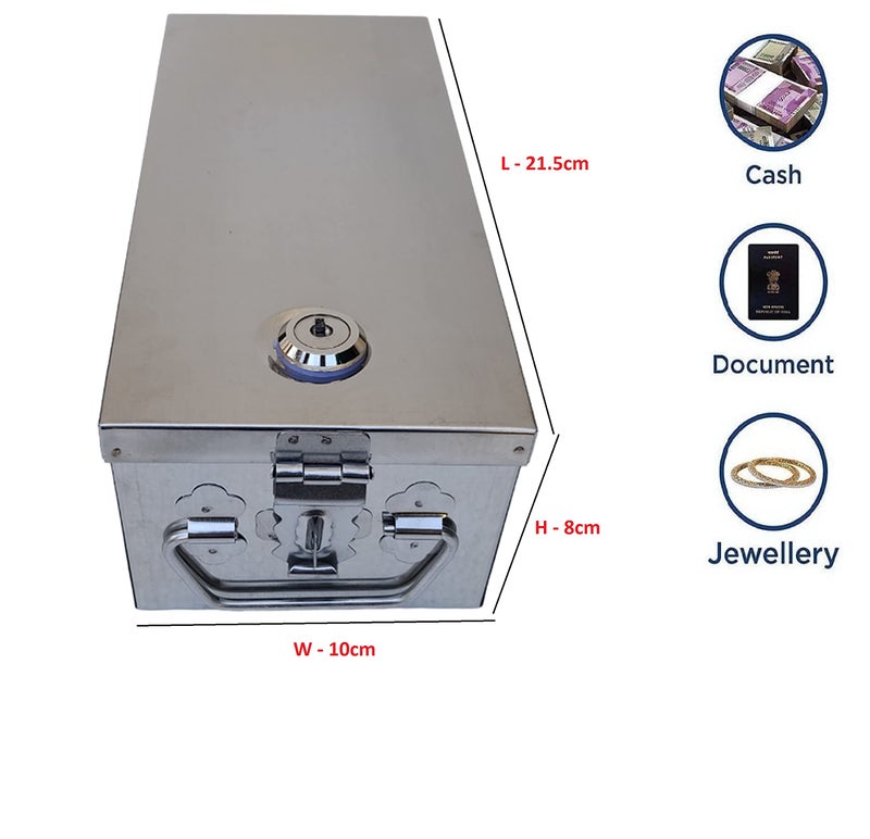 GinoSet Stainless Steel Bank Safe Locker Box, Cash Drawer, Jewellery organizar Storage Box, coin bank Size - 8 Inch (L-21cm, W-10cm, H-8cm)(With Pre fited Lock & 2 Key) - Image 5