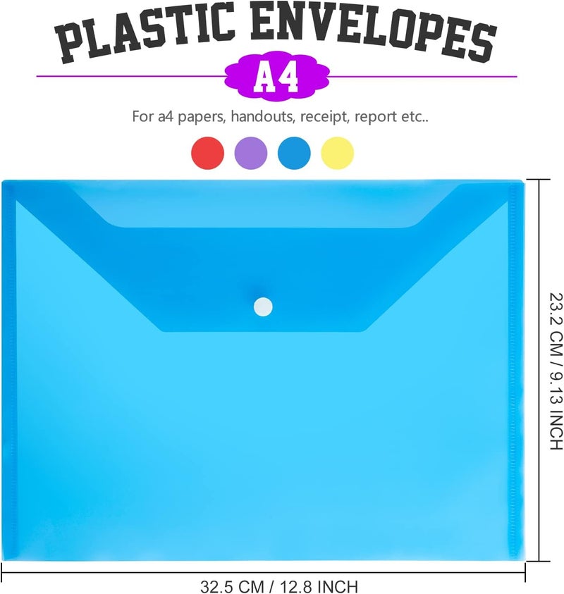 LEOBRO 4 Pack Plastic Envelopes with Snap Closure, US Letter A4 Size Plastic File Folders for Documents, Clear Envelopes Pouches Folders for School Work Office Organization, Filing Envelopes - Image 2