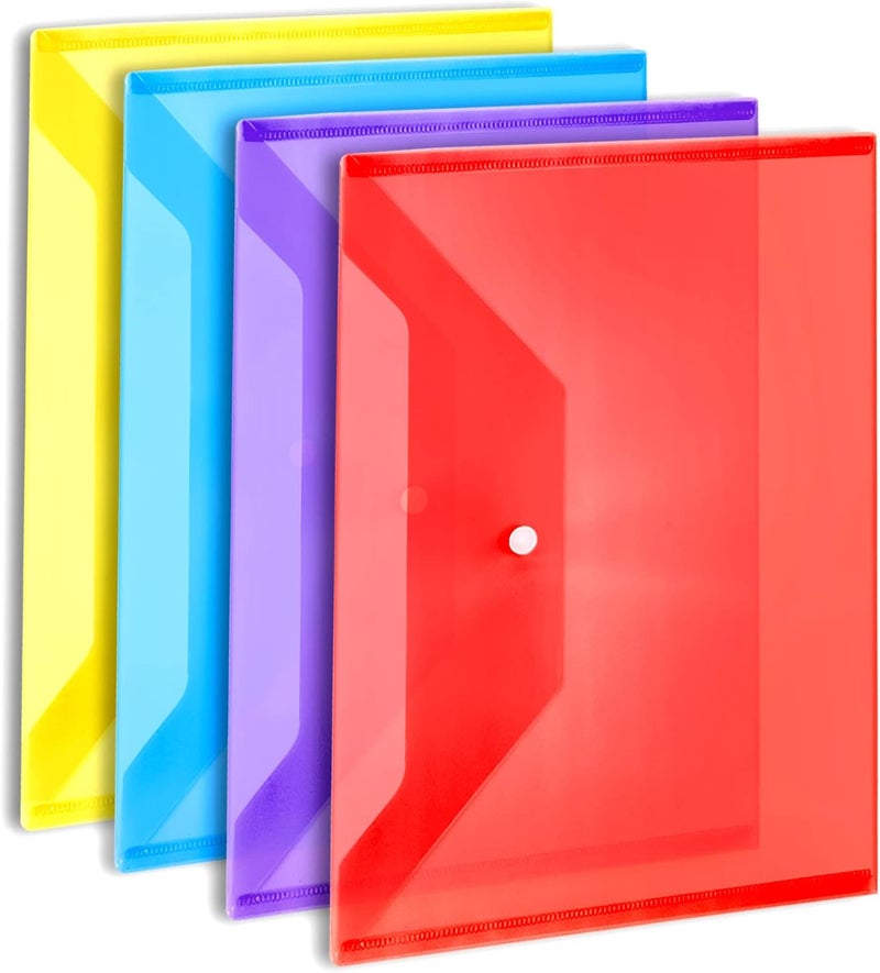 LEOBRO 4 Pack Plastic Envelopes with Snap Closure, US Letter A4 Size Plastic File Folders for Documents, Clear Envelopes Pouches Folders for School Work Office Organization, Filing Envelopes - Image 1