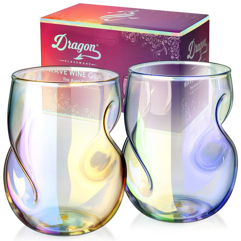 Dragon Glassware Stemless Wine Glasses  16 oz Stemless Wine Glass Set with Finger Indentations  Set of 2 Iridescent Glassware  Aerates Naturally