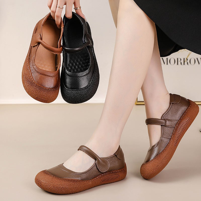 2025 New Retro Style Flat Heel Round Toe Soft Sole Velcro Shallow Mouth Flat Heel Shoes Genuine Leather Mom Shoes - Image 2