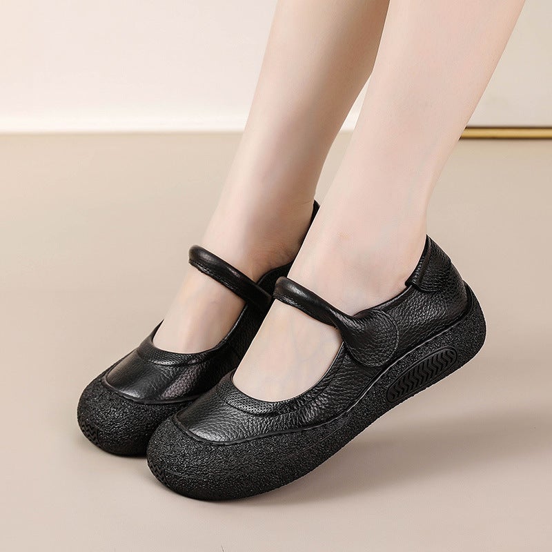 2025 New Retro Style Flat Heel Round Toe Soft Sole Velcro Shallow Mouth Flat Heel Shoes Genuine Leather Mom Shoes - Image 5