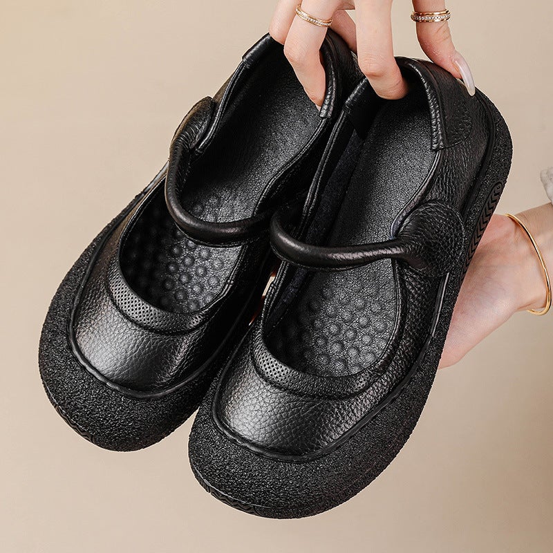 2025 New Retro Style Flat Heel Round Toe Soft Sole Velcro Shallow Mouth Flat Heel Shoes Genuine Leather Mom Shoes - Image 1