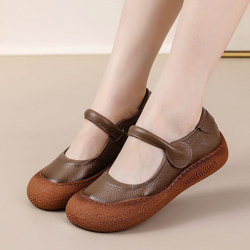 2025 New Retro Style Flat Heel Round Toe Soft Sole Velcro Shallow Mouth Flat Heel Shoes Genuine Leather Mom Shoes - Image 4