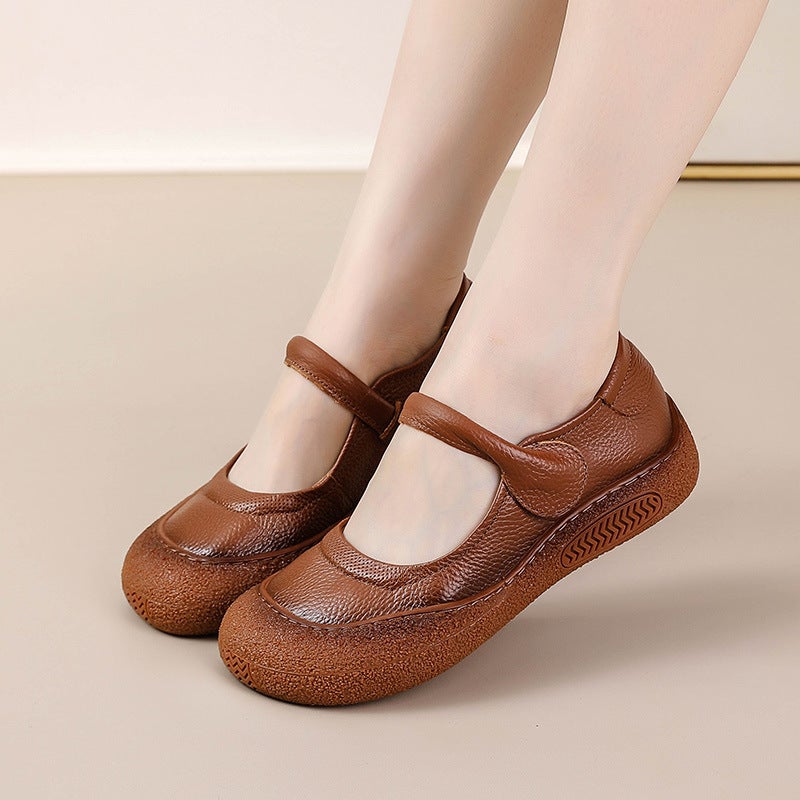 2025 New Retro Style Flat Heel Round Toe Soft Sole Velcro Shallow Mouth Flat Heel Shoes Genuine Leather Mom Shoes - Image 3