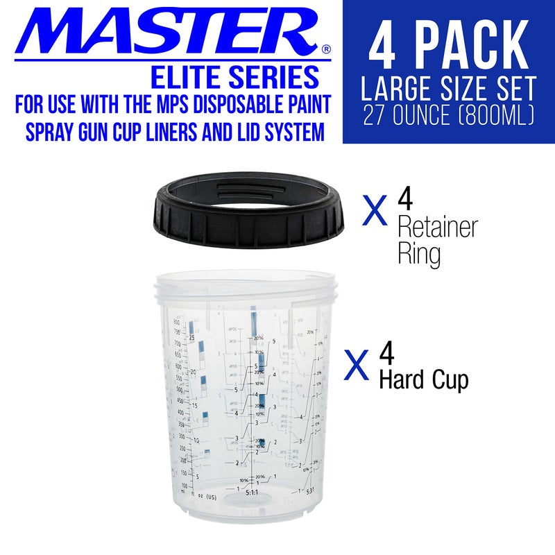 Master Airbrush Master Paint System MPS, 4 Pack Set of Large Size 27 Ounce (800ml) Hard Cups and Retainer Rings - 4 Hard Cups and 4 Rings for Use with The MPS Disposable Paint Spray Gun Cup Liners and Lid System - Image 2
